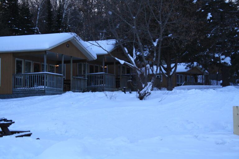 Cottage in the snow at Ogopogo Resort, winter cottage rentals in Minden